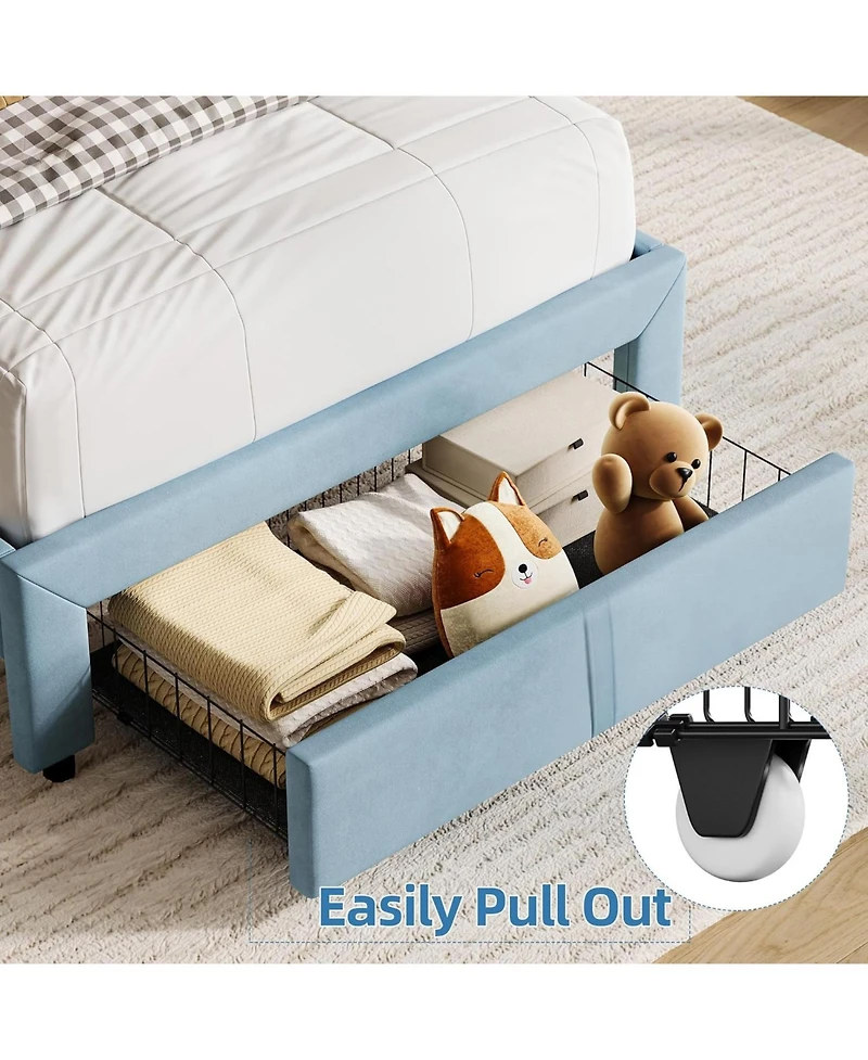 gaomon Kids Twin Bed Frame Set — Upholstered Platform Beds with Storage Drawer & Bookcase Headboard (2-Pack)