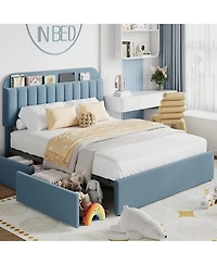 gaomon Full Bed Frame with Storage Headboard, Kids 2 Drawers, Boucle Upholstered Platform Bookcase, No Box Spring Needed