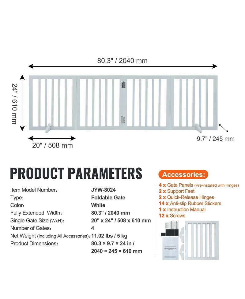 Cozito 24" x 80" Freestanding 4-Panel Foldable Dog Gate for Doorways and Hallways