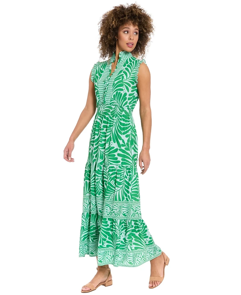 London Times Women's Collared Smocked Waist Tiered Maxi Dress