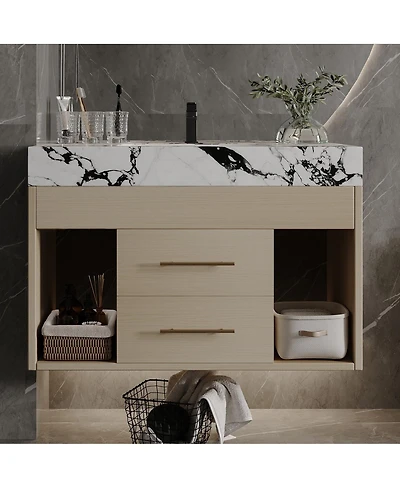 Sillysis 29.9" Floating Bathroom Vanity with Ceramic Sink, Sintered Stone Top, 2 Soft Close Drawers, Wall Mounted for Small Bathrooms