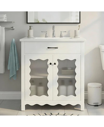 Sillysis 31"Bathroom Vanity with Sink, Tempered Glass Doors & Adjustable Storage for Small Bathrooms