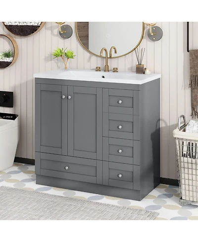 Sillysis 36" Shaker Bathroom Vanity with Resin Sink, 4 Soft Close Drawers & 2 Doors, Ample Storage for Modern Homes