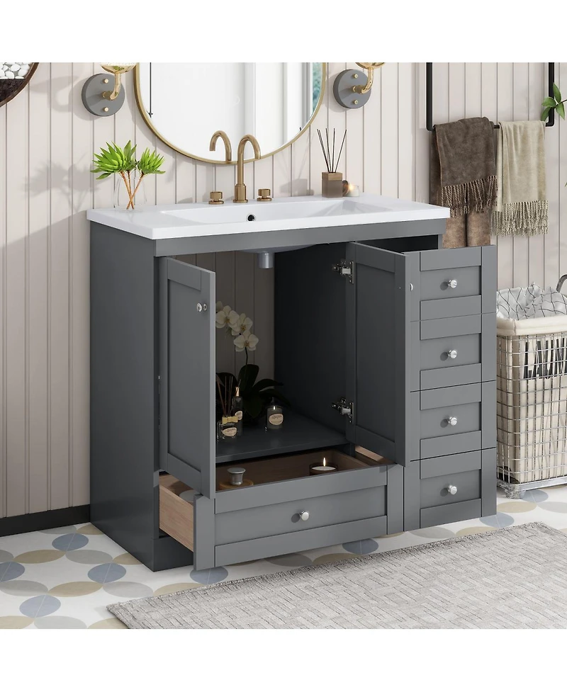 Sillysis 36" Shaker Bathroom Vanity with Resin Sink, 4 Soft Close Drawers & 2 Doors, Ample Storage for Modern Homes