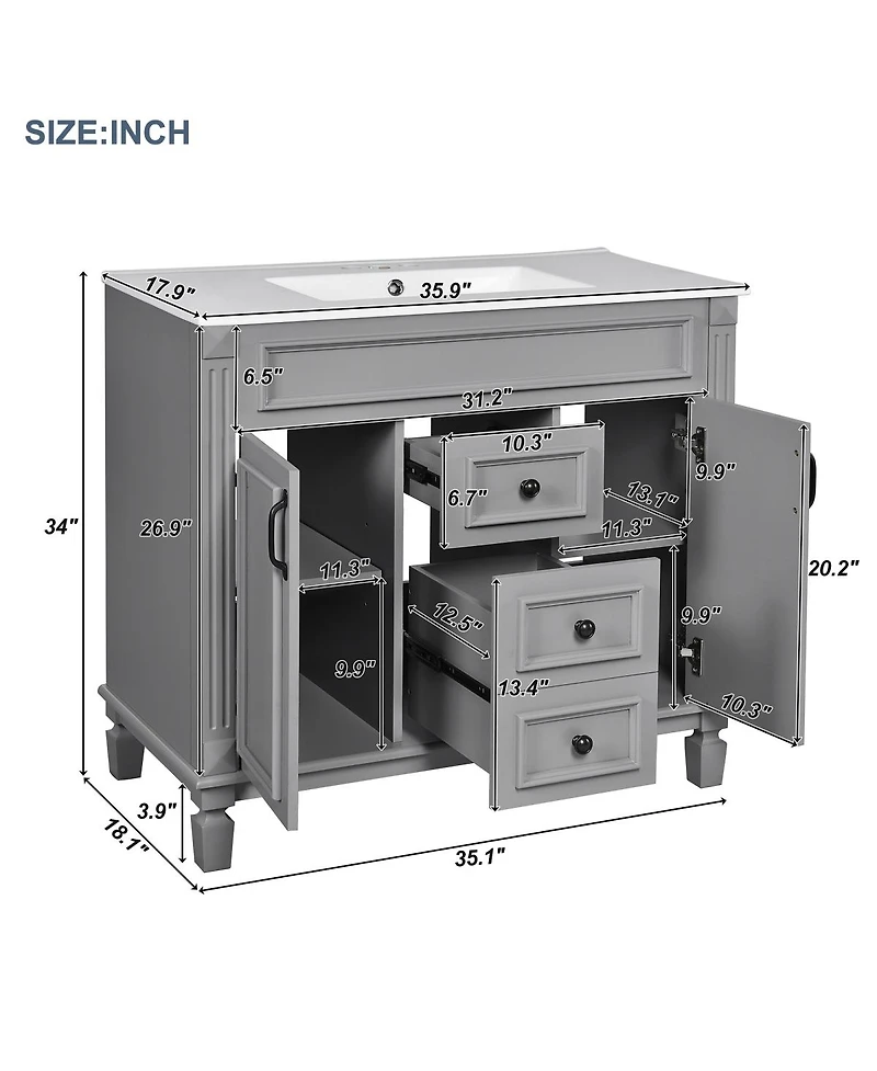 Sillysis 36" Bathroom Vanity with Sink and Mirror, Modern Freestanding Solid Wood Cabinet Storage Drawers Ceramic Top-Sillysis