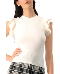 Ivonne Women's Ribbed Straight Top With Ruffles