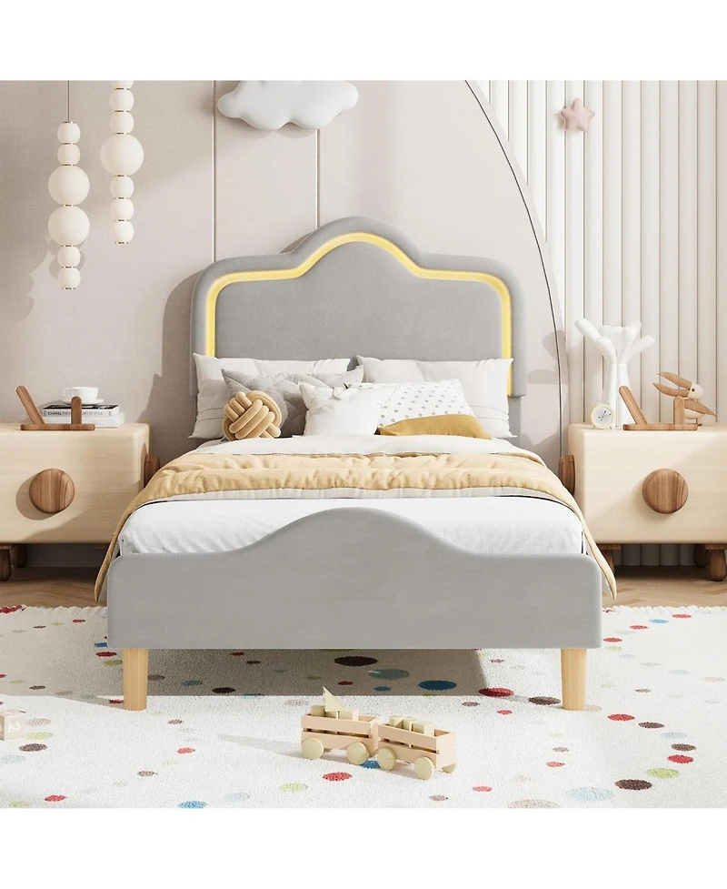 Gaomon Twin Upholstered Led Bed Frame with Adjustable Headboard and Footboard, Velvet Princess Platform Bedframe for Kids/Girls, Easy Assembly