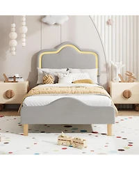 Gaomon Twin Upholstered Led Bed Frame with Adjustable Headboard and Footboard, Velvet Princess Platform Bedframe for Kids/Girls, Easy Assembly