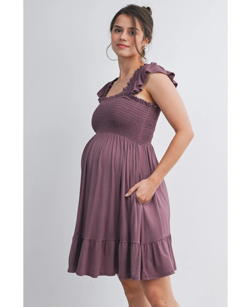 Hello Miz Maternity Empire Waist Cap Sleeve Smocked Dress with Ruffle Hem