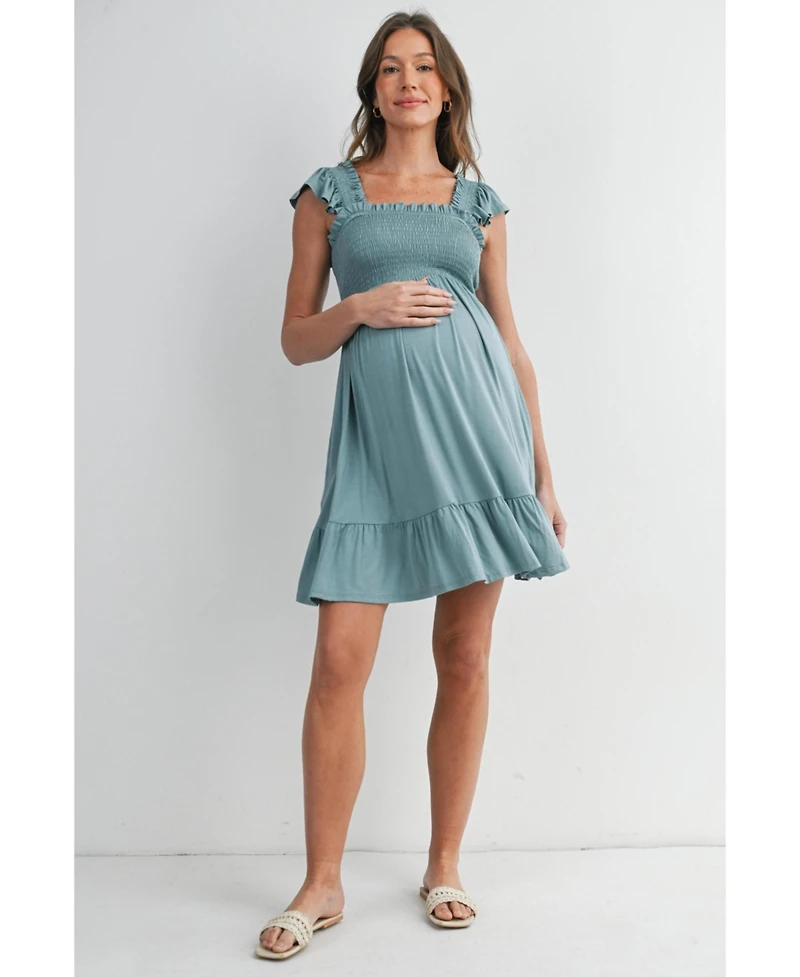 Hello Miz Maternity Empire Waist Cap Sleeve Smocked Dress with Ruffle Hem
