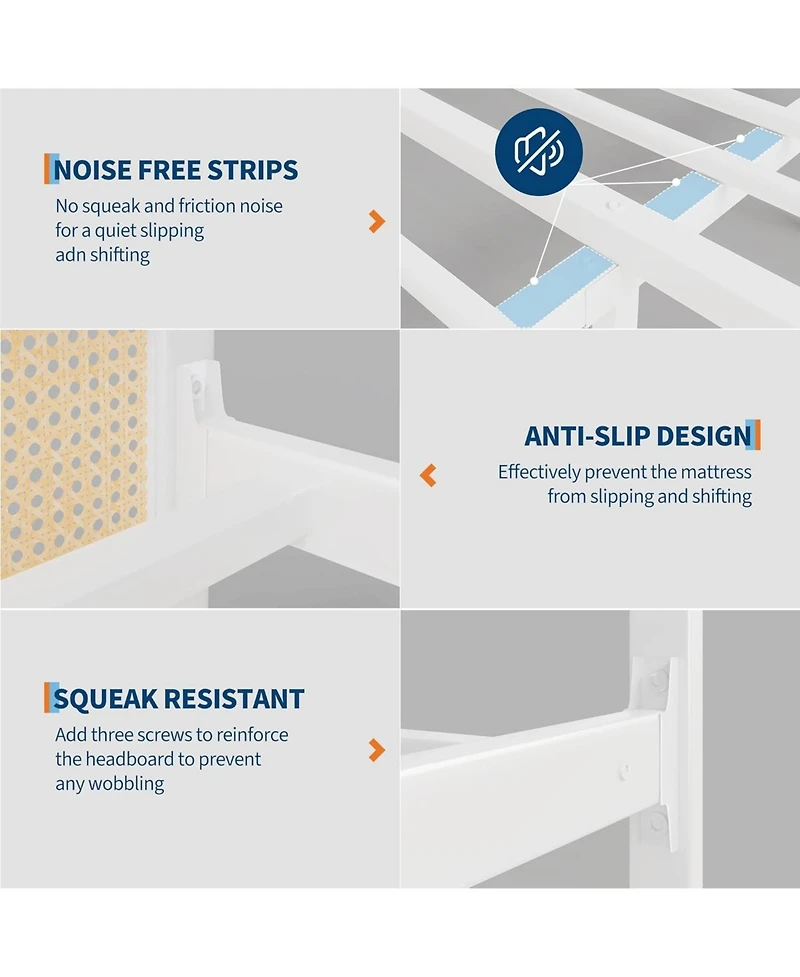 gaomon Size Rattan Bed Frame with Headboard, Modern Style Cane Boho Bed Frames with Heavy Duty Sturdy Steel Slat Support