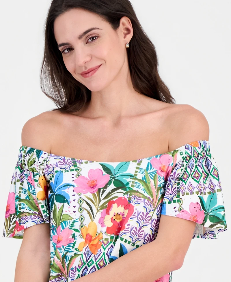 Robbie Bee Petite Off-The-Shoulder Printed Eyelet Dress