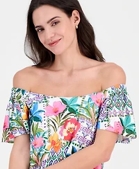 Robbie Bee Petite Off-The-Shoulder Printed Eyelet Dress