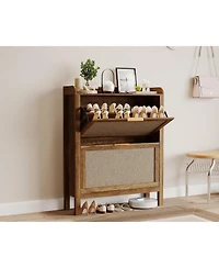 gaomon Farmhouse Rattan Shoe Cabinet 32 Inch Narrow Shoe Storage with 2 Flip-Down Drawers Freestanding Entryway Organizer with Adjustable Shelves