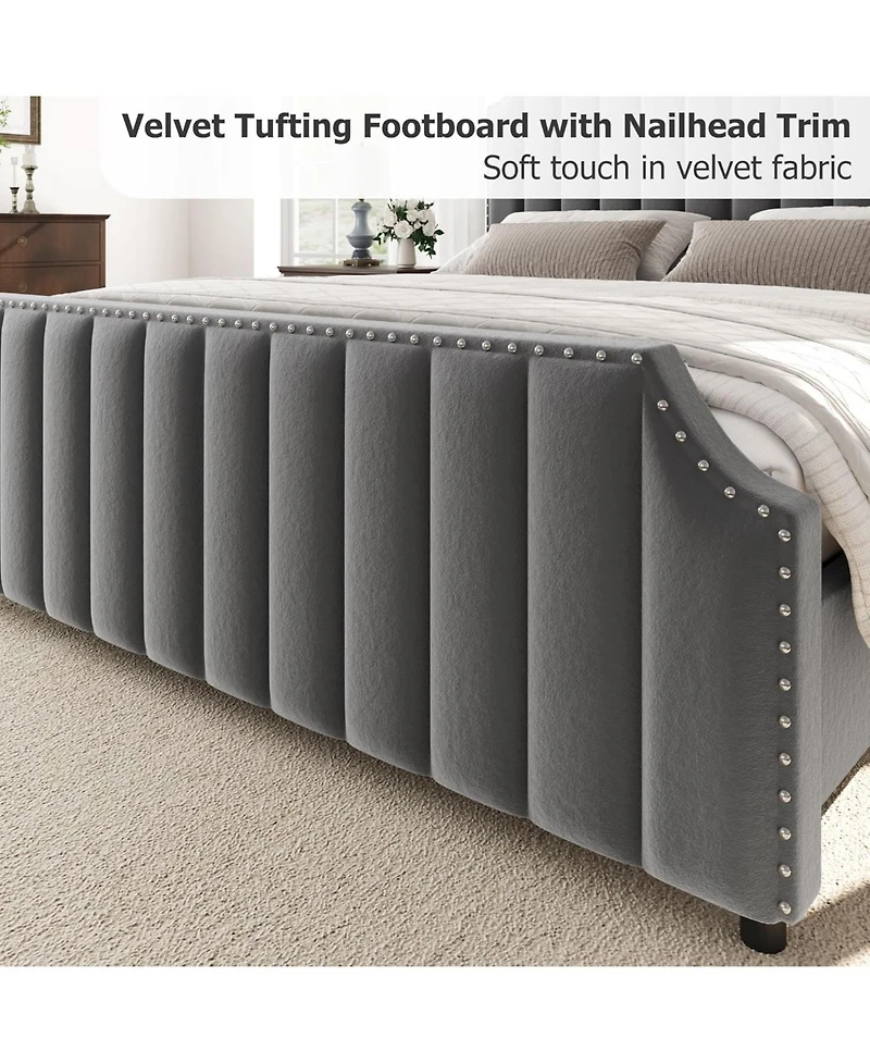 gaomon California King Platform Bed Frame Velvet Upholstered Tall Headboard Footboard Nailhead Trim No Box Spring Light