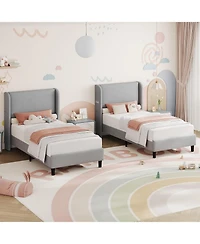 gaomon Twin Wingback Bed Frame Vertical Stripe Velvet Upholstered 2 Storage Pockets Wood Slats No Box Spring