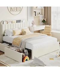 gaomon Full Bed Frame Storage Headboard 2 Drawers Boucle Upholstered Platform Bookcase Easy Assembly No Box Spring