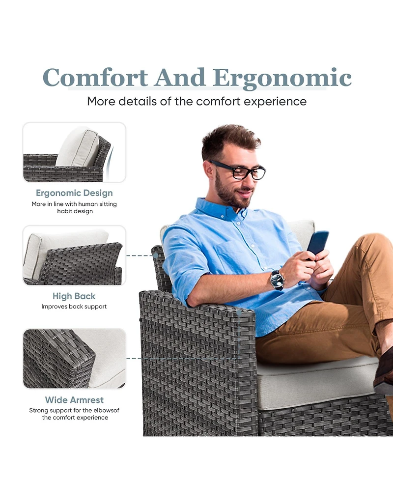 Gymojoy 4 Pieces Outdoor Patio Furniture Set with Fire Pit Table, Rattan Wicker Conversation 3-Seat Sofa,Wicker Cushioned Chairs