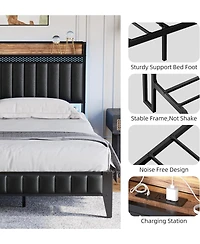 gaomon Queen Bed Frame with Charging Station, Led Bed Frame with Storage Headboard, Upholstered Platform Bed Frame, No Box Spring Needed