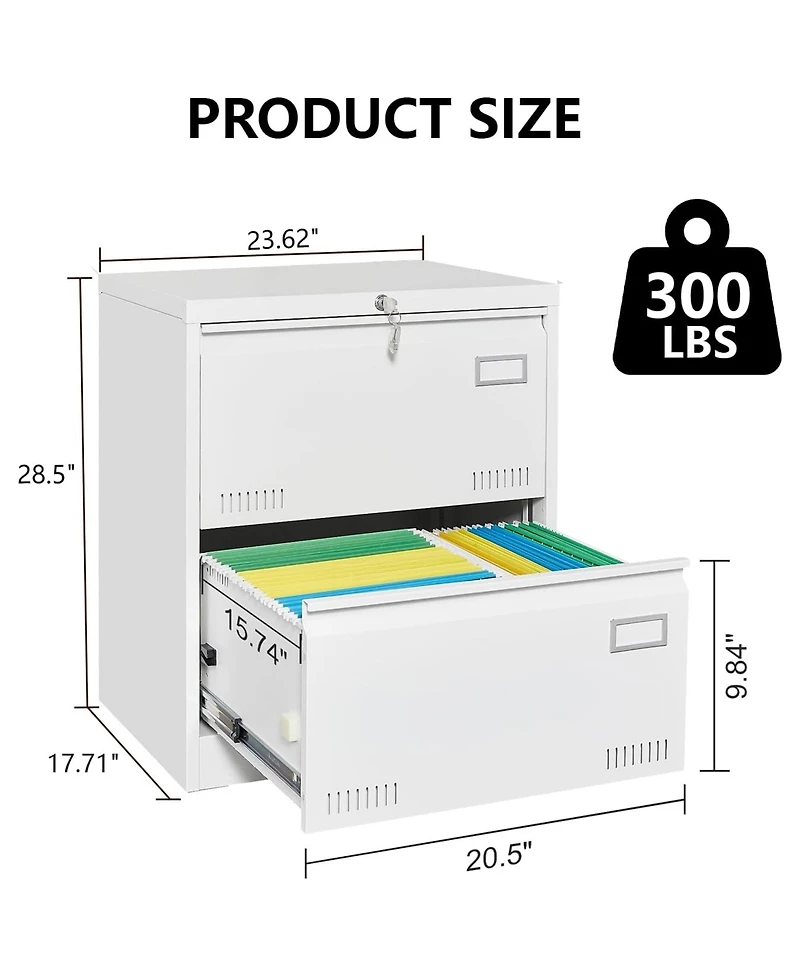 Rainsken 2 Drawer Lateral File Cabinet with Lock, Home Office Metal Filing Cabinet for Letter/Legal/A4/F4 Size (White)