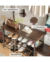 Rainsken Coat Rack with Shoe Storage Bench with High and Low Seat Design and 6 Hooks for Entryway, Hallways