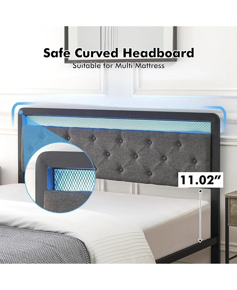 gaomon Queen Upholstered Platform Bed Frame Led Headboard 2 Storage Drawers Metal Slats No Box Spring Easy Assembly