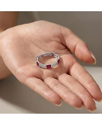 Sterling Silver White Gold Plated with Red Baguette & Round Cubic Zirconia Eternity Band Stacking Ring