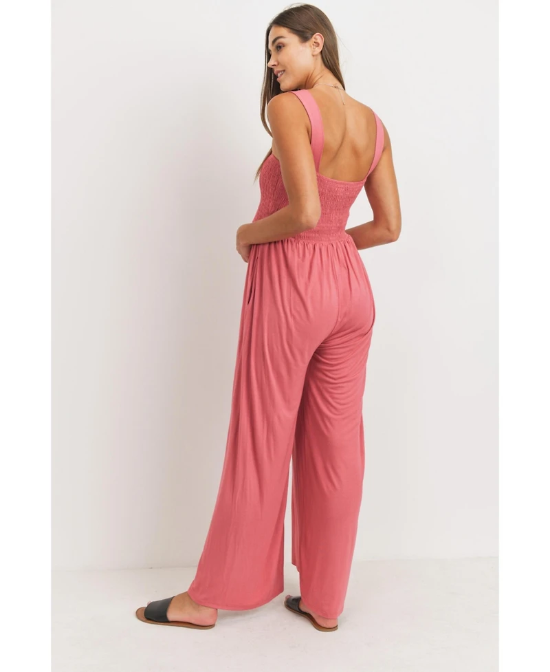 Hello Miz Maternity Sleeveless Smocked Bodice Wide-Leg Jumpsuit with Pockets