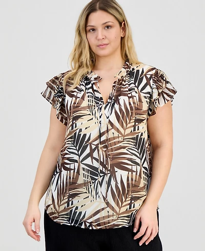 Anne Klein Plus Flutter-Sleeve Tie-Neck Top