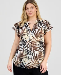 Anne Klein Plus Flutter-Sleeve Tie-Neck Top
