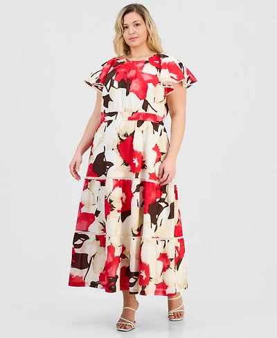 Anne Klein Plus Printed Cotton Flutter-Sleeve Maxi Dress