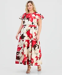 Anne Klein Plus Printed Cotton Flutter-Sleeve Maxi Dress