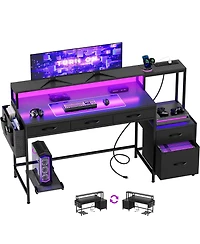 Homlux 61" Modern Computer Lap Desk Table w/Storage Drawer, Monitor Stand, Charging Station, Side Pocket