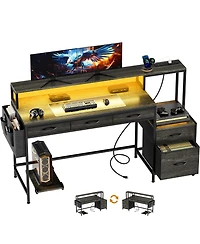 Homlux 61" Modern Computer Lap Desk Table w/Storage Drawer, Monitor Stand, Charging Station, Side Pocket