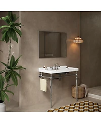 Sillysis 36 Bathroom Console Sink with White Ceramic Vanity, Wall Mounted Basin & Stainless Steel Legs, Towel Bar Included