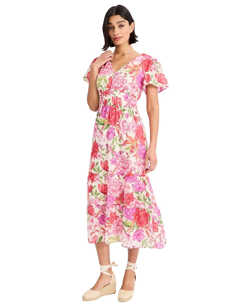 Maggy London Women's Puff-Sleeve V-Neck Midi Dress