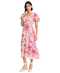 Maggy London Women's Puff-Sleeve V-Neck Midi Dress