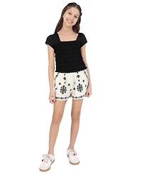 Tween Diva Girls' 7-16 Smocked Top and Embroidered Gauze Shorts, 2-Piece Set