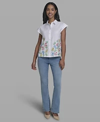 Karl Lagerfeld Paris Women's Short-Sleeve Embroidered Flower Top