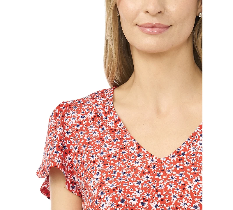 CeCe Women's V-Neck Tulip-Sleeve Printed Top