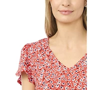 CeCe Women's V-Neck Tulip-Sleeve Printed Top