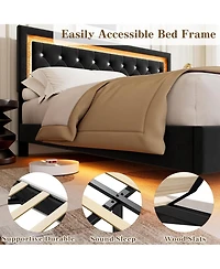 gaomon Floating Bed Frame with Smart Led Lights, Upholstered Platform Diamond Headboard, Solid Wood Slats Support