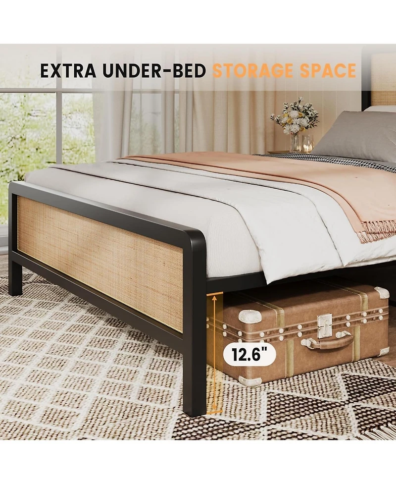 gaomon Metal Platform Bed Frame Natural Rattan Headboard, Bohemian Mattress Foundation With Strong Slats Support, No Box Spring Needed
