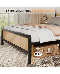 gaomon Metal Platform Bed Frame Natural Rattan Headboard, Bohemian Mattress Foundation With Strong Slats Support, No Box Spring Needed