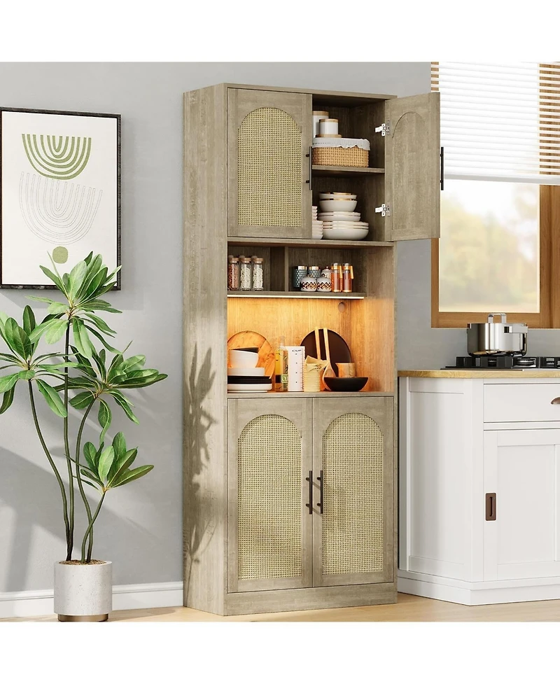 gaomon Tall Pantry Cabinet with Countertop, Kitchen Cabinets with Led Light Strip & Microwave Shelf