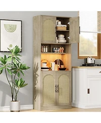 gaomon Tall Pantry Cabinet with Countertop, Kitchen Cabinets with Led Light Strip & Microwave Shelf