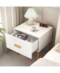 Rainsken Modern Minimalist Nightstand, White Bedside Table with Drawer, Handle and Wood Legs for Bedroom, Living Room, or Apartment