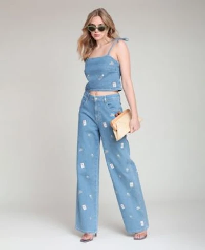 Avec Les Filles Womens Denim Tie Top High Rise Printed Jeans