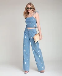 Avec Les Filles Womens Denim Tie Top High Rise Printed Jeans