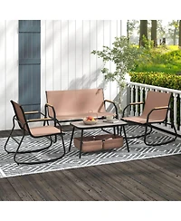 Costway 8 Pieces Patio Furniture Set with 4 Rocking Bistro Chairs 2-Tier Coffee Table